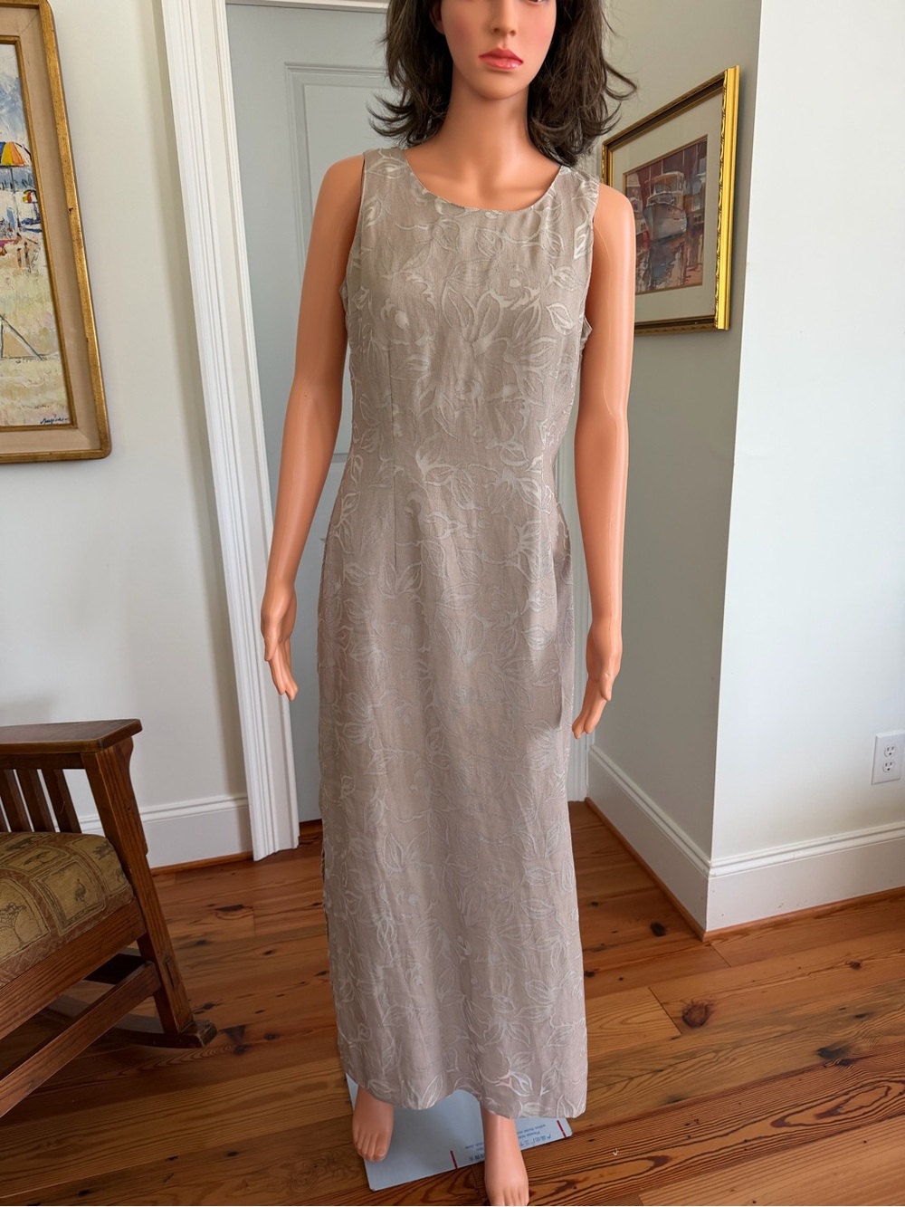 Sleeveless Taupe Floral Jacquard Maxi Dress